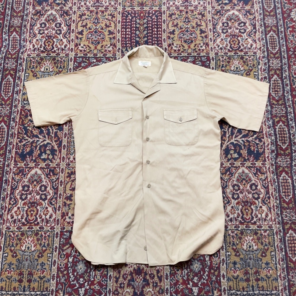 VTG 50s Creighton Military Tan Khaki Short Sleeve Button Down Shirt 15.5 M USA